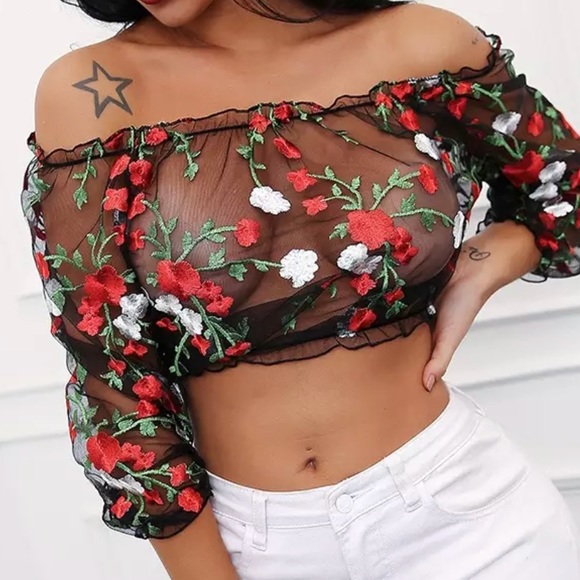 Sheer Floral Off the Shoulder Blouse - Picture 2 of 5